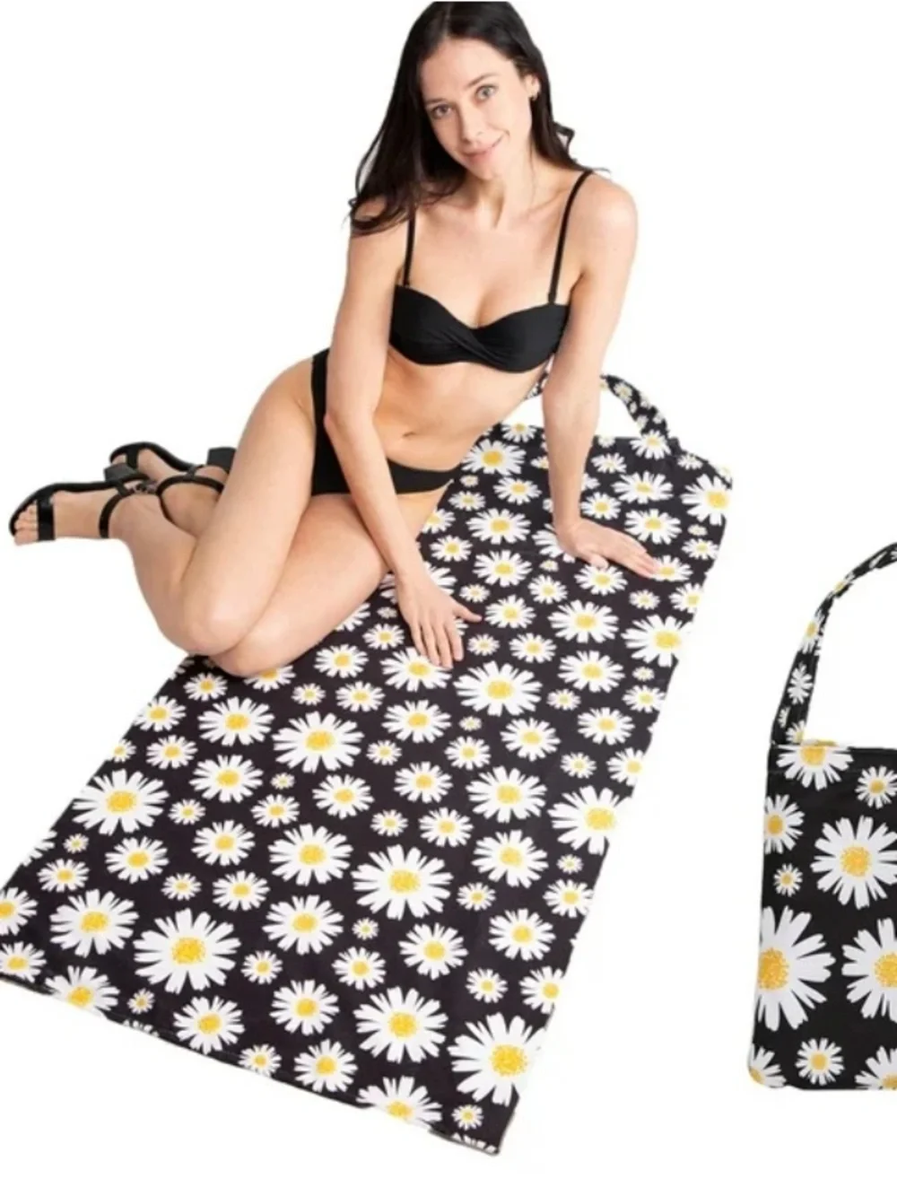 Daisy Print Black 2 in 1 Beach Towel - Women Swim